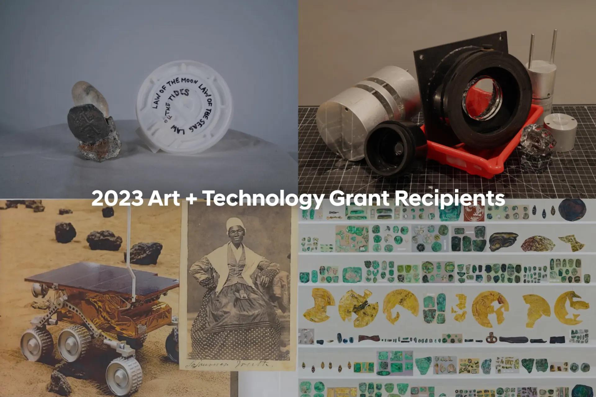 The words "2023 Art + Technology Grant Recipients" overlay a collage of images showcasing diverse artworks, including a co...
