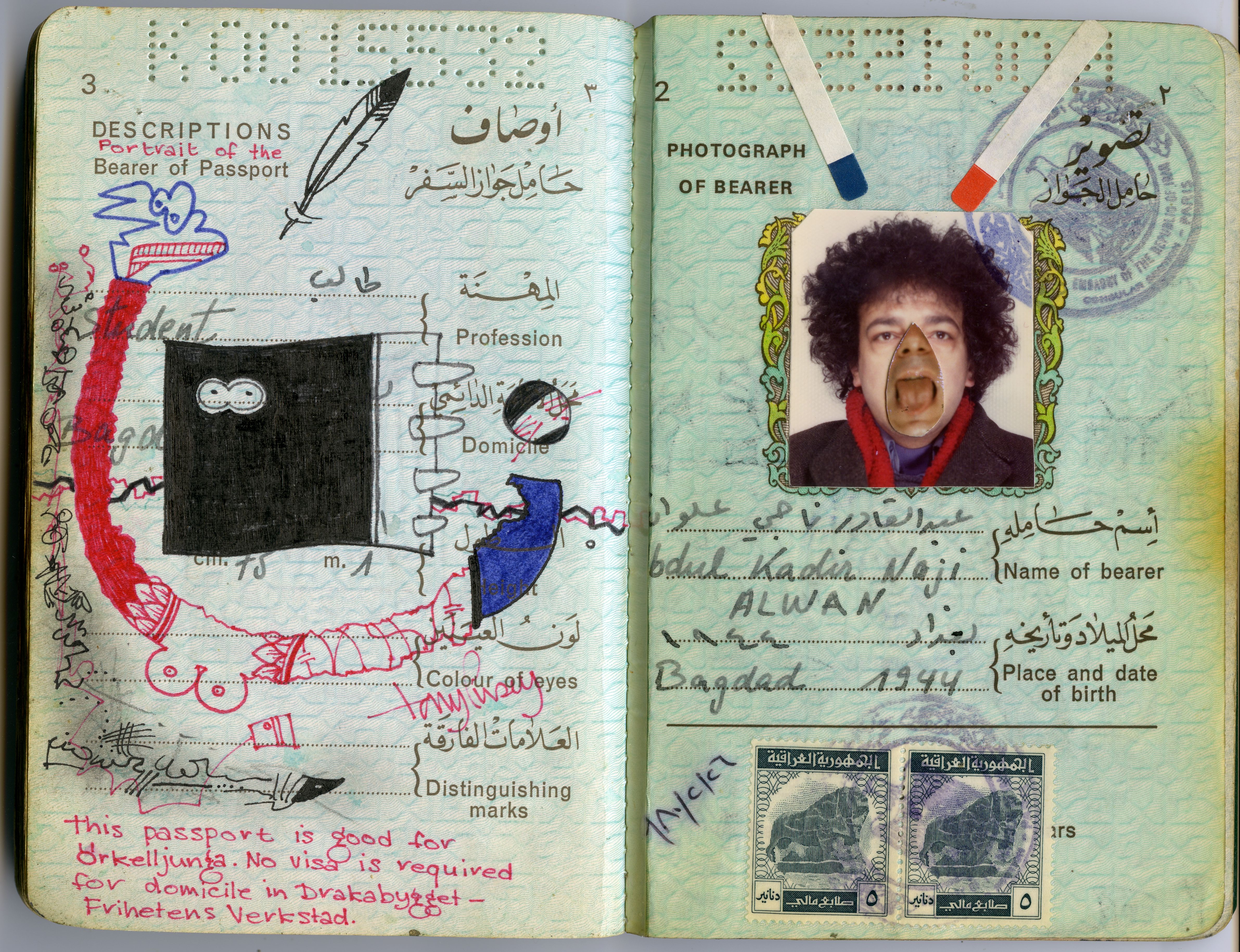A creatively doodled passport lays open, overlaid with a collage-style photograph of the passport holder.