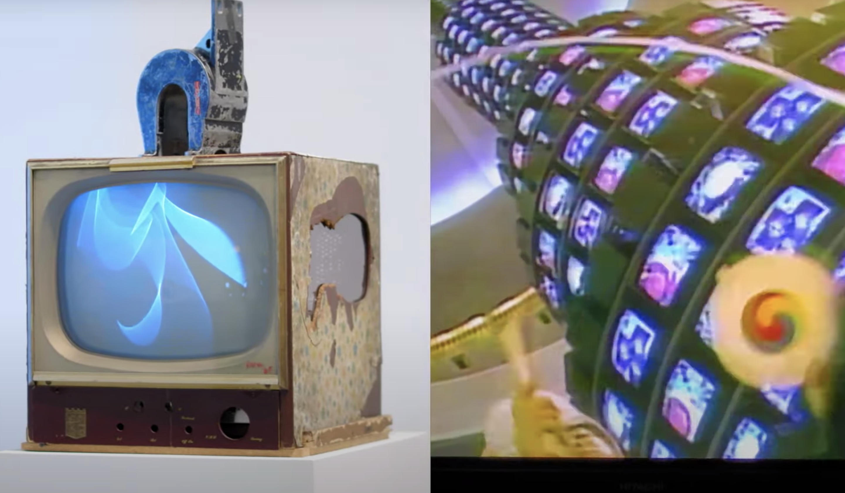 Two photographs are present. One features an old monitor displaying a blue abstract form. The other image showcases a cyli...