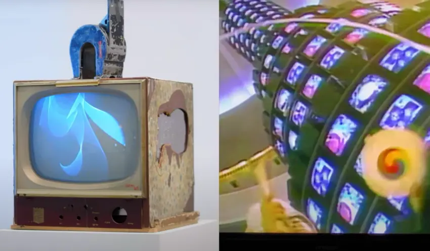 Two photographs are present. One features an old monitor displaying a blue abstract form. The other image showcases a cyli...