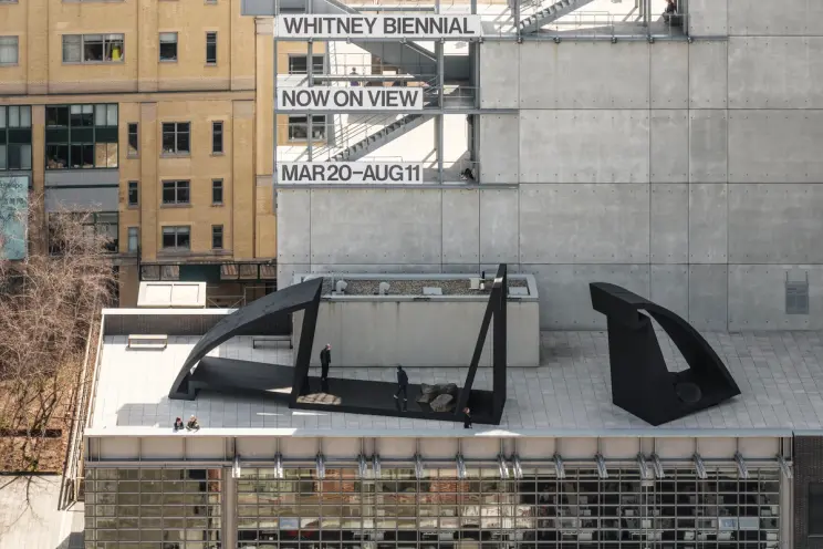 An aerial view of Torkwase Dyson's Hyundai Terrace Commission on the terrace of the Whitney Museum of American Art.
