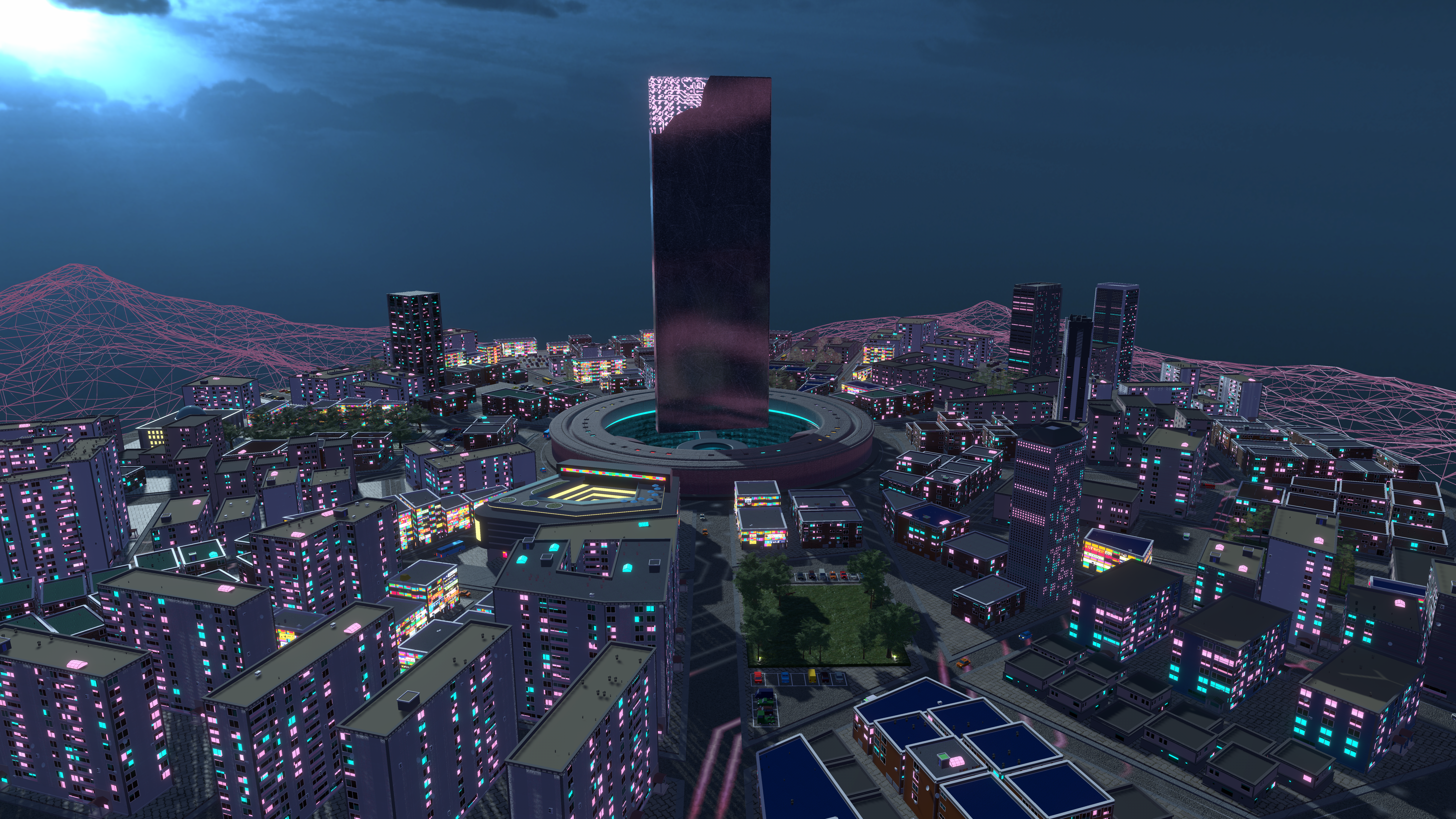 A vibrant, futuristic cityscape at night with neon lights and a towering central structure surrounded by illuminated buildings.