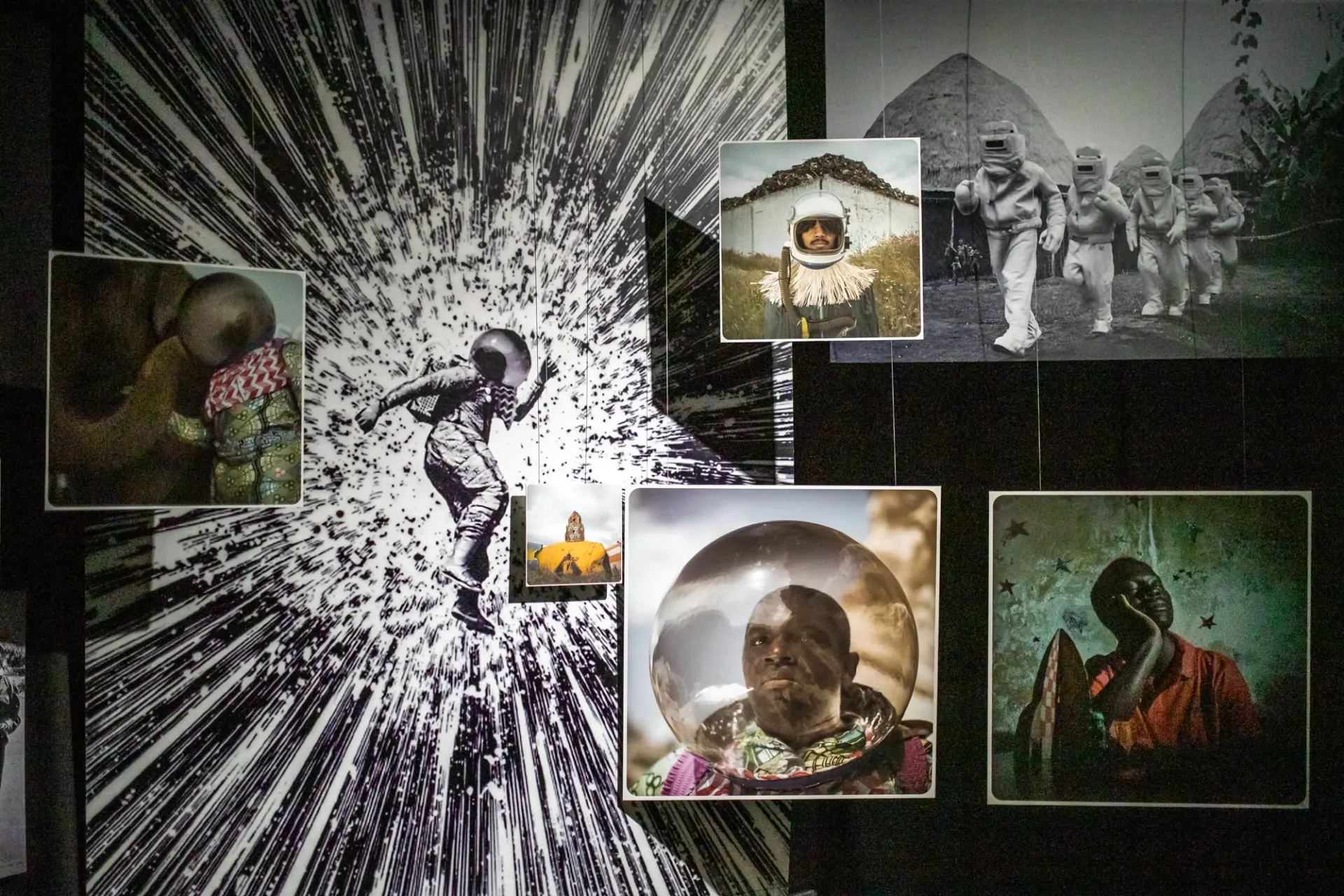 A diverse collage composed of various astronaut images, a blend of color and black and white, including both illustrations...