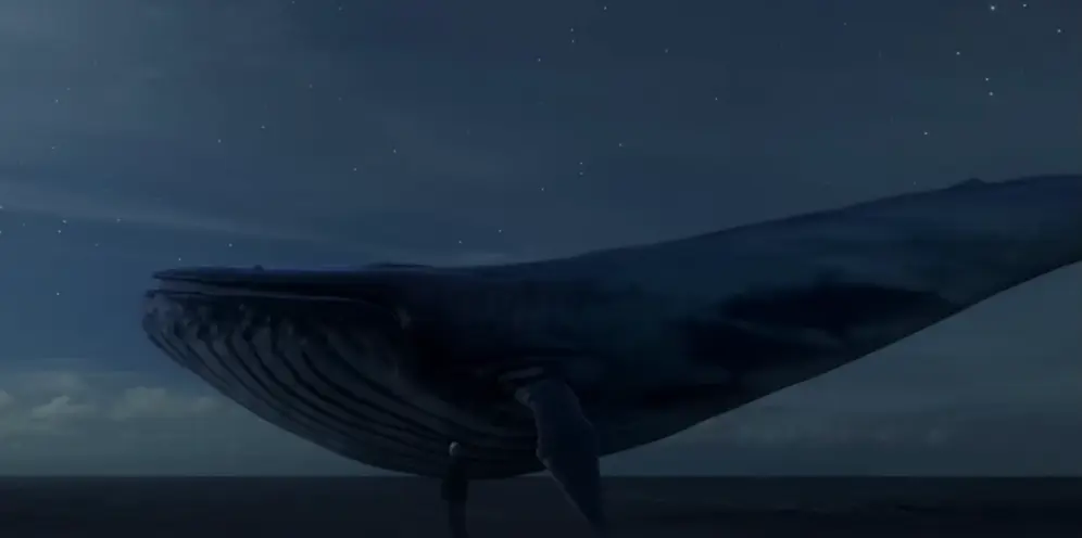 An abstract representation of a whale rendered in dark blue tones.