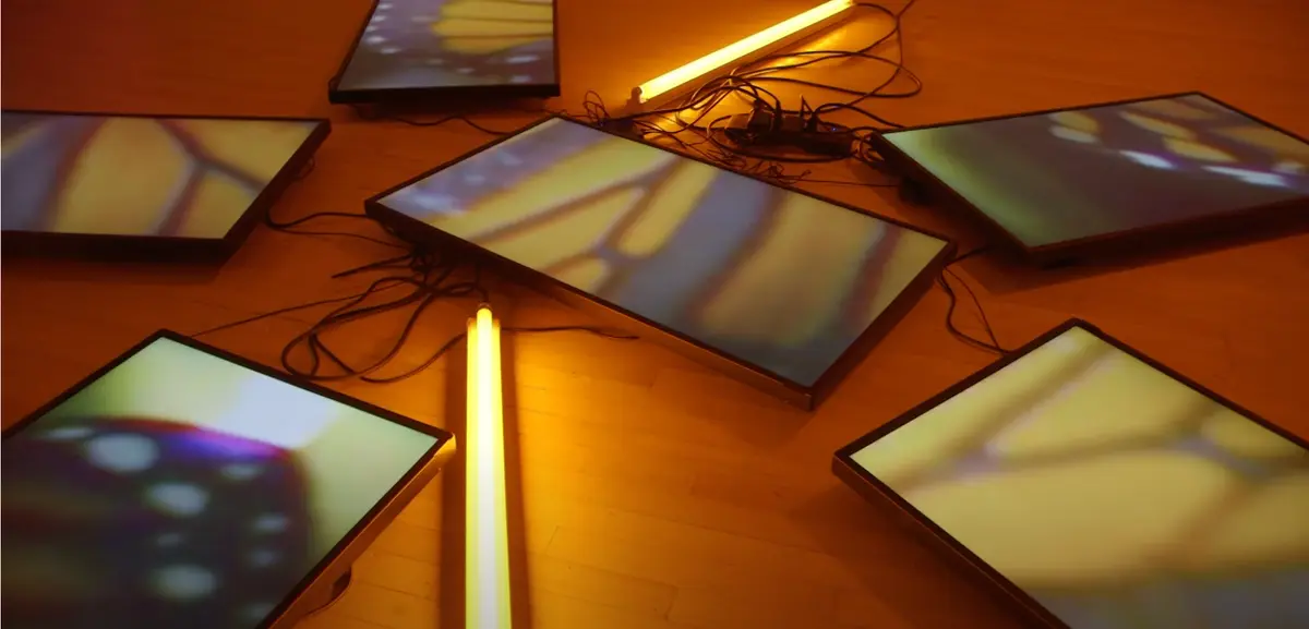 Several display screens showing data, intertwined with numerous cables, are positioned on a wooden table under the bright glow of fluorescent lights.