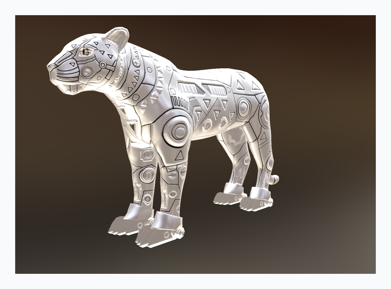 A 3D-rendered metallic animal sculpture with intricate geometric patterns and a sleek, futuristic design.