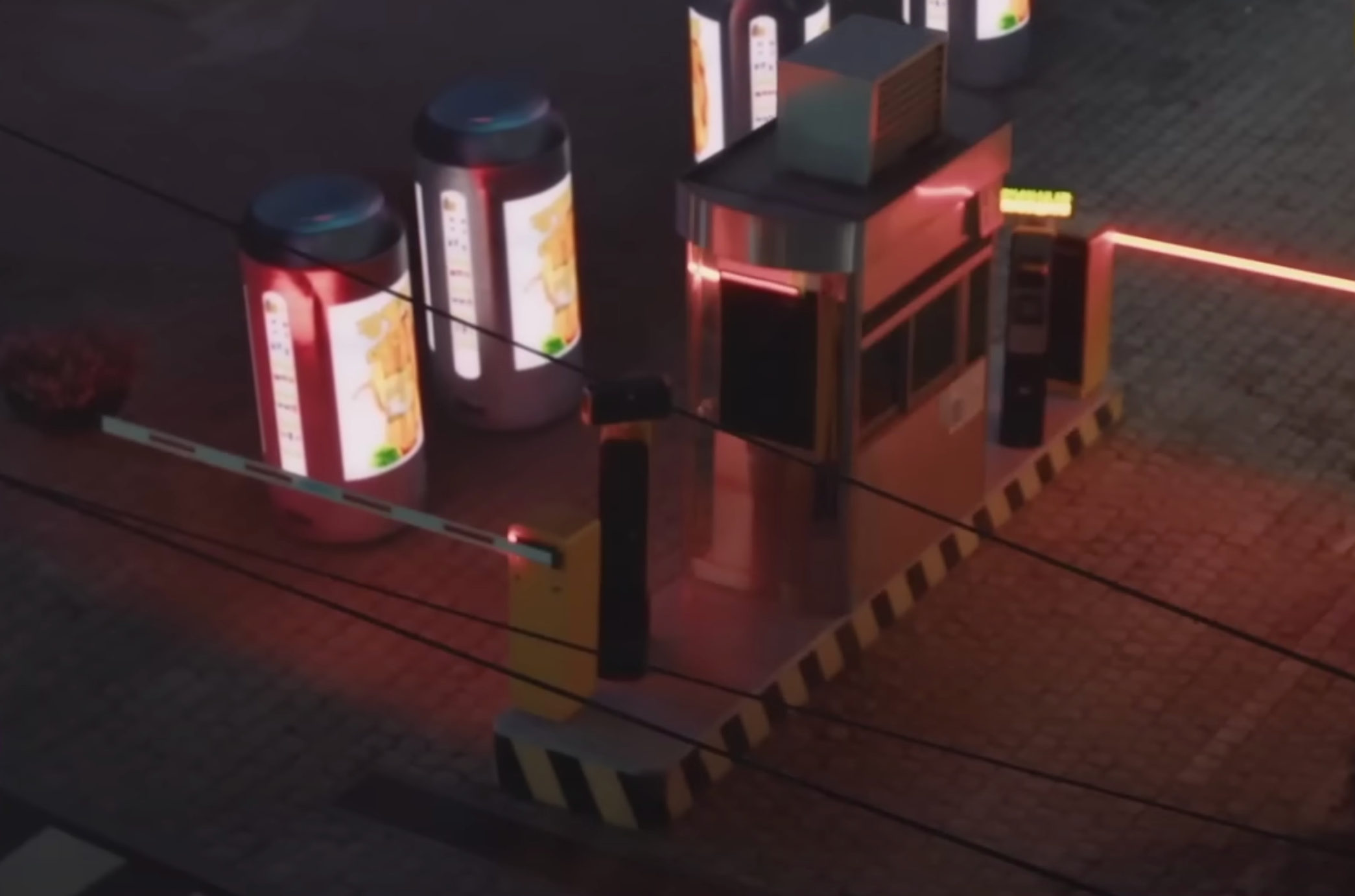 A dimly lit scene showcasing a series of parking gates.