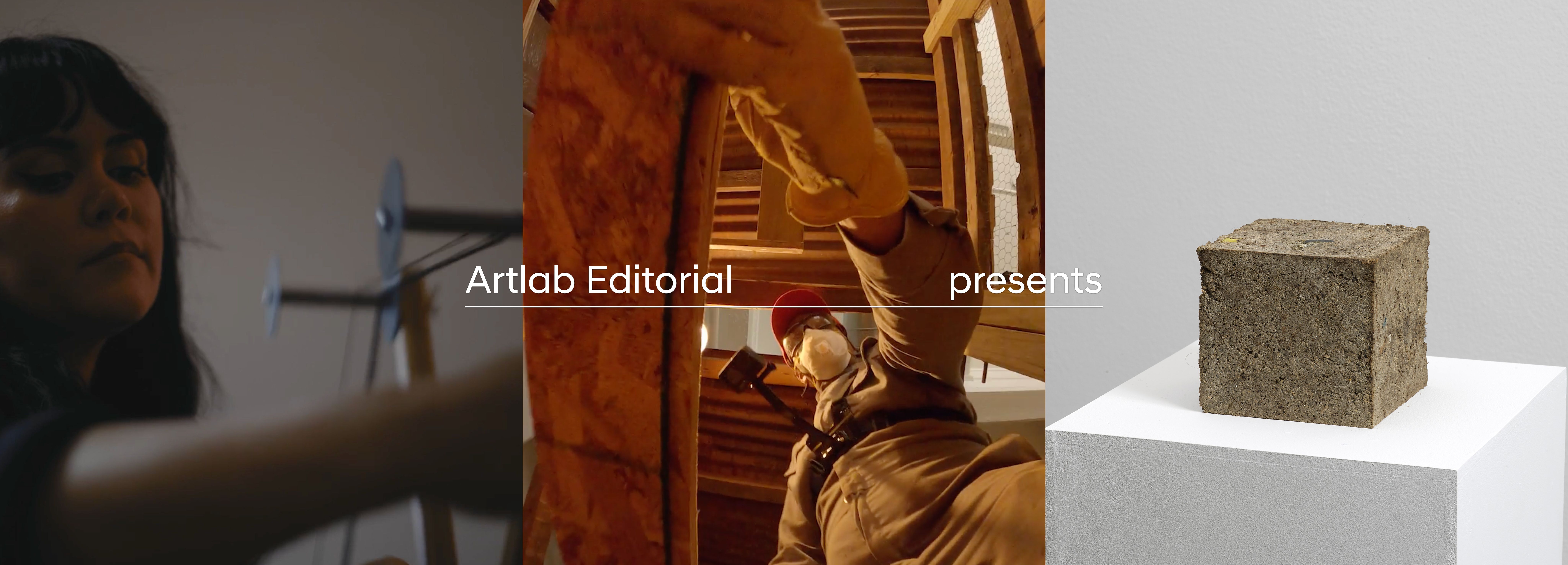A banner featuring three images: an artist at work, a worker inspecting wooden structures, and a concrete block sculpture,...