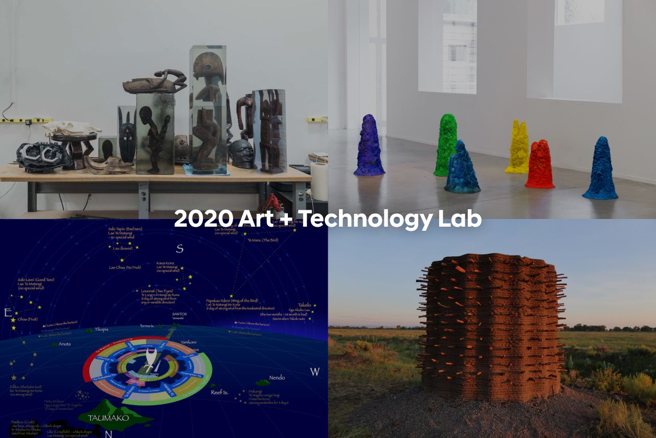 Collage of sculptures and installations, labeled "2020 Art + Technology Lab."