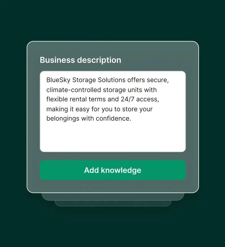 A self storage call center interface shows how to add a business description with 24/7 access and flexible rentals.