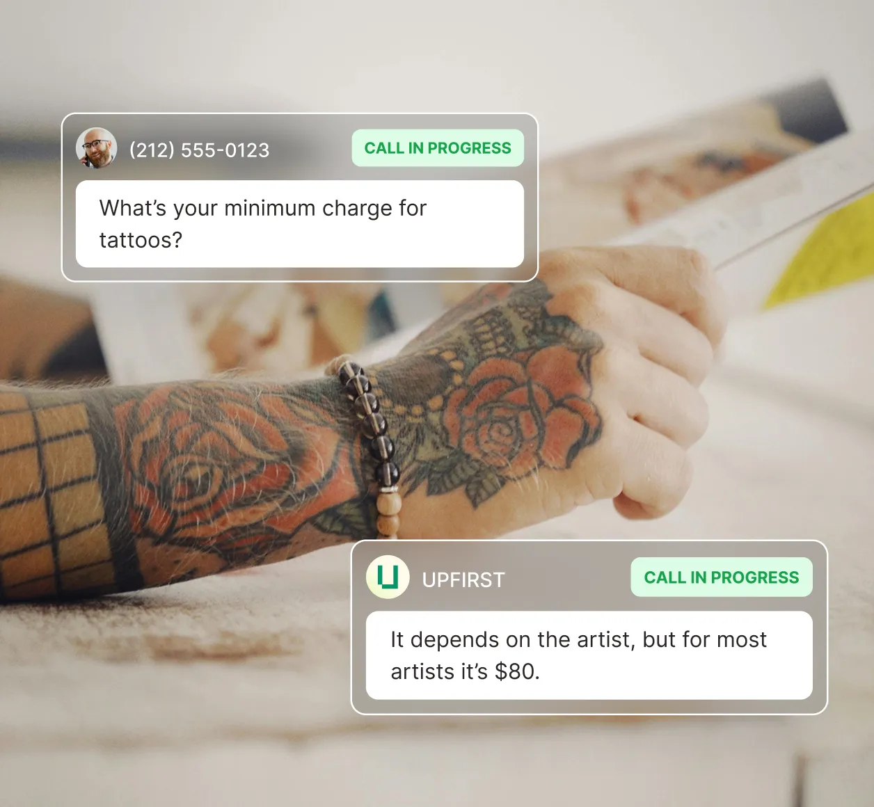 A caller asks about minimum tattoo pricing and the tattoo answering service responds with the shop’s typical starting rate.
