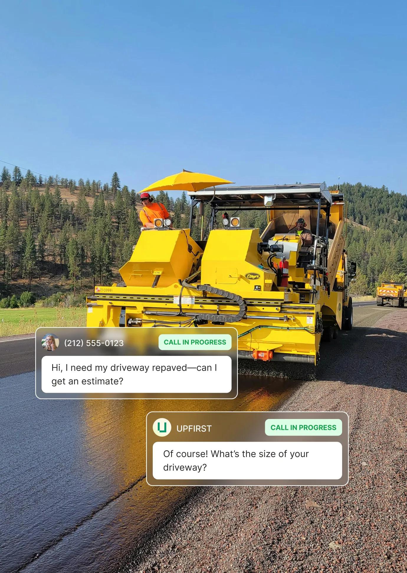 Paving answering service live conversation collecting driveway size information for repair estimate.
