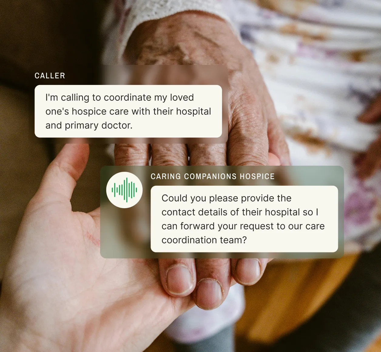A home hospice answering service assists a caller coordinating their loved one's hospice care with a hospital and primary doctor.