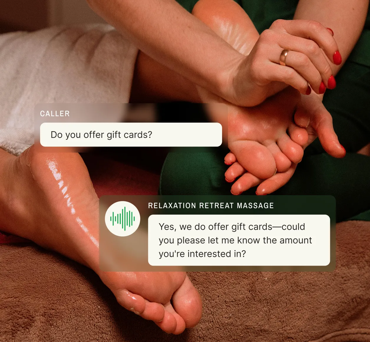 A caller inquires about gift cards and the massage answering service responds by asking for the desired amount.