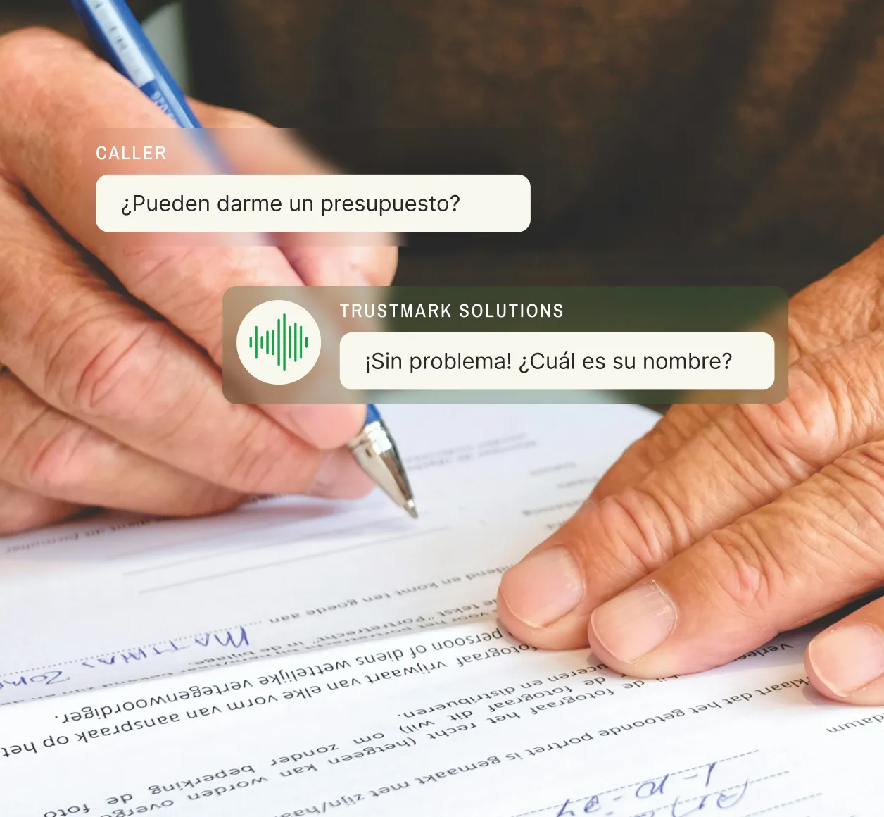 Spanish-English answering service helping with quote request, showing closeup of hands signing business document
