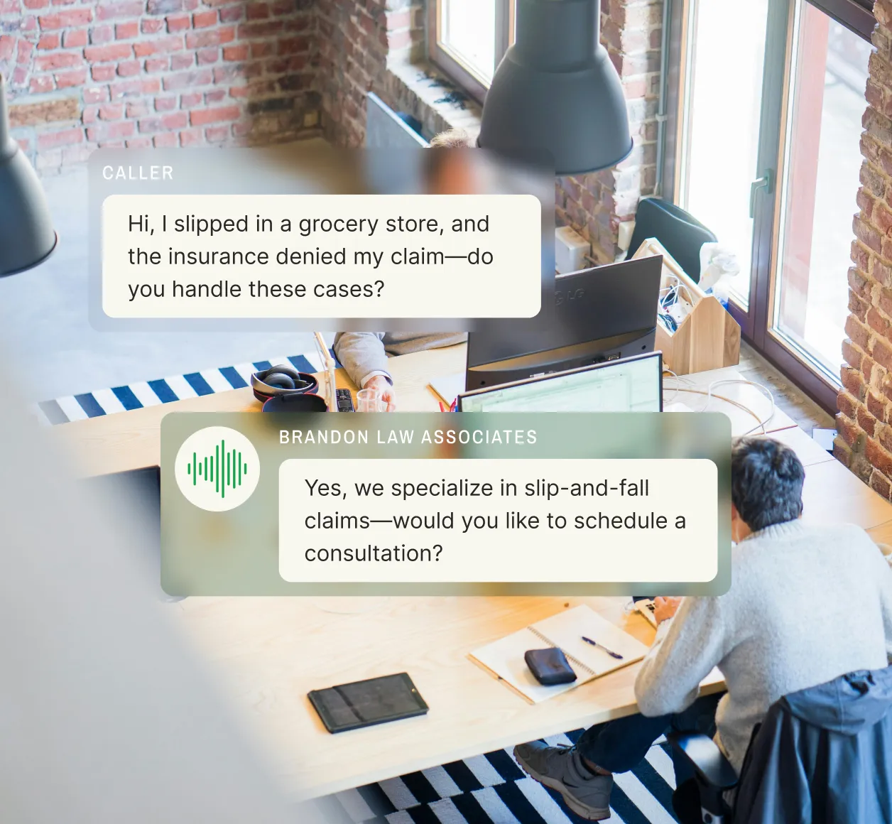 A lawyer discussing a slip-and-fall insurance claim consultation, representing overflow reception services.