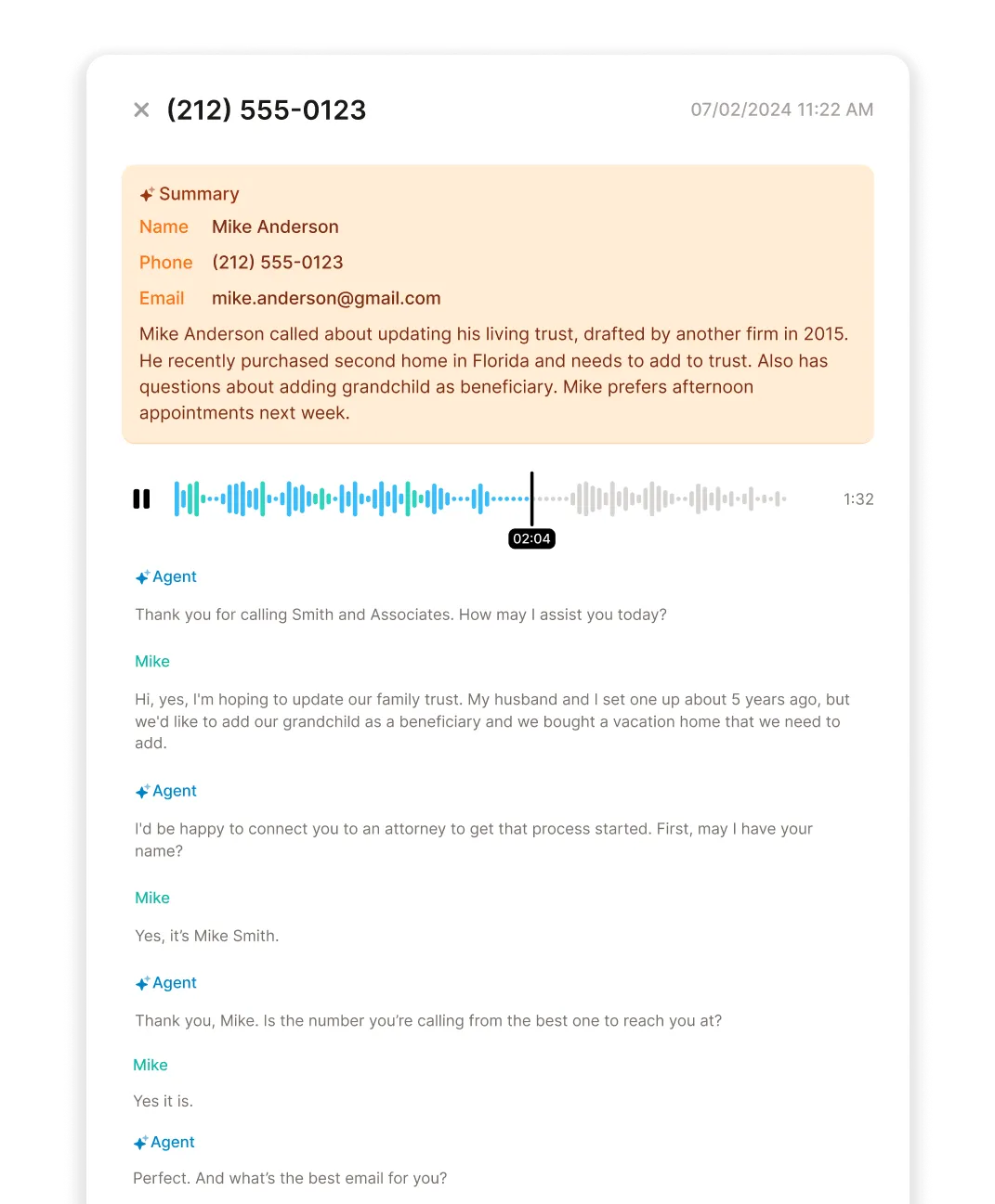 Example call summary with caller details, conversation transcript, and recording playback from AI receptionist dashboard.