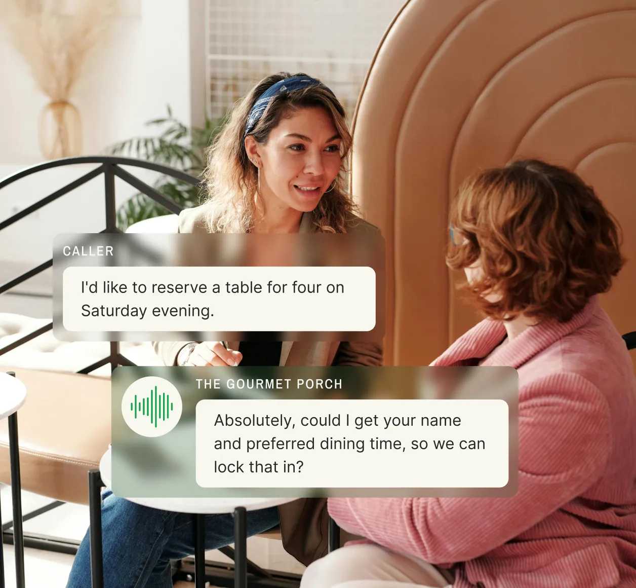 Two women sit at a modern café while a voice agent assists in making a restaurant reservation, illustrating the AI voice agent’s capability in handling customer bookings smoothly.