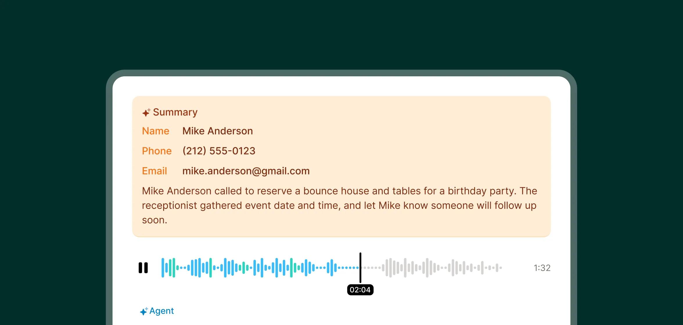 A call summary displays a caller’s details and transcription from a party rental answering service handling a bounce house rental request.