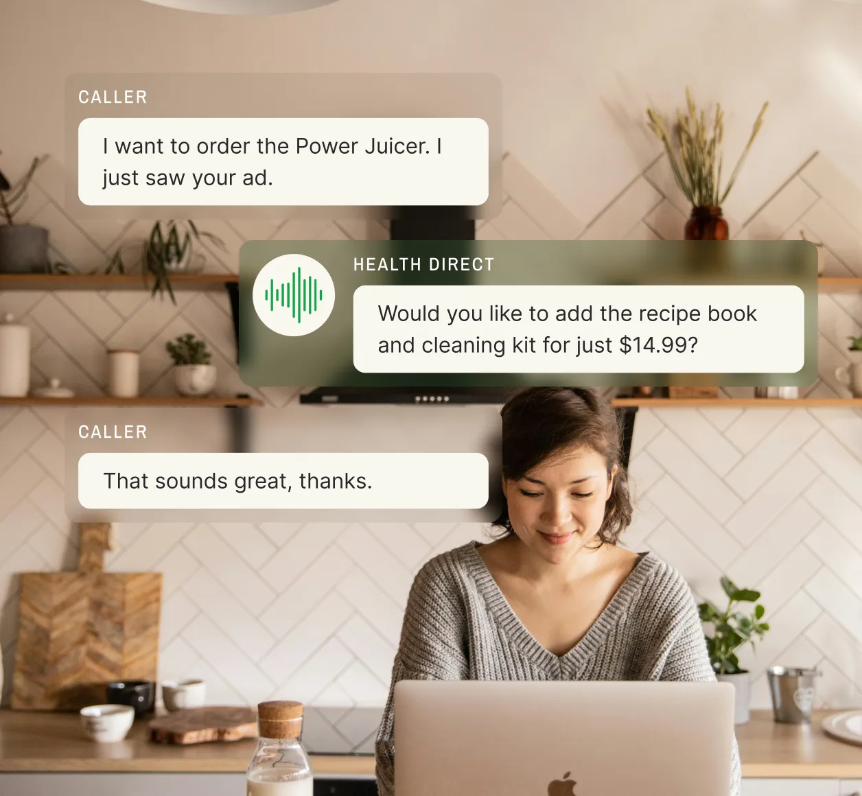 Customer accepting upsell offer while placing Power Juicer order through inbound order taking service