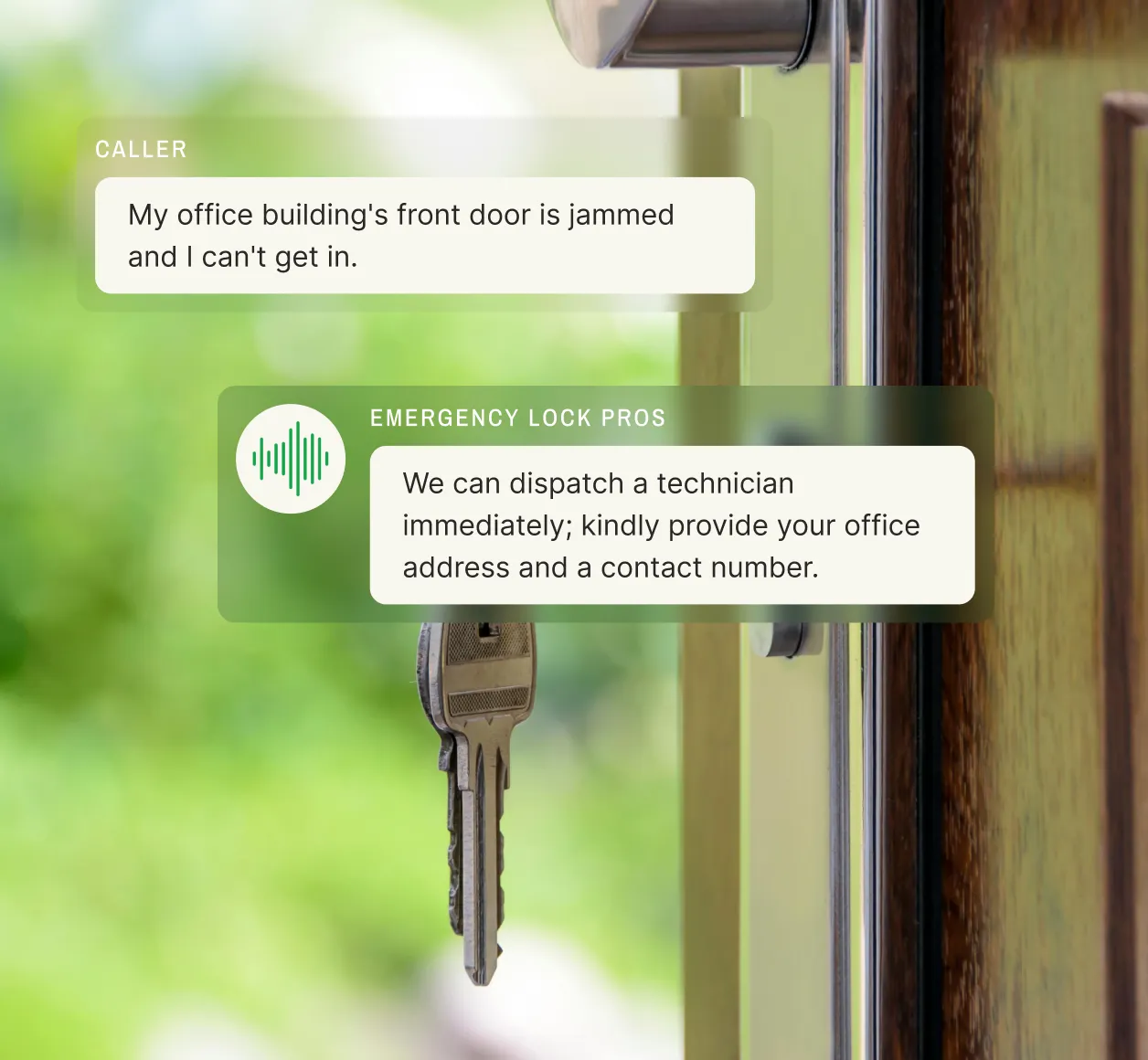 A caller reports a jammed office door, and a locksmith call center dispatches a technician.