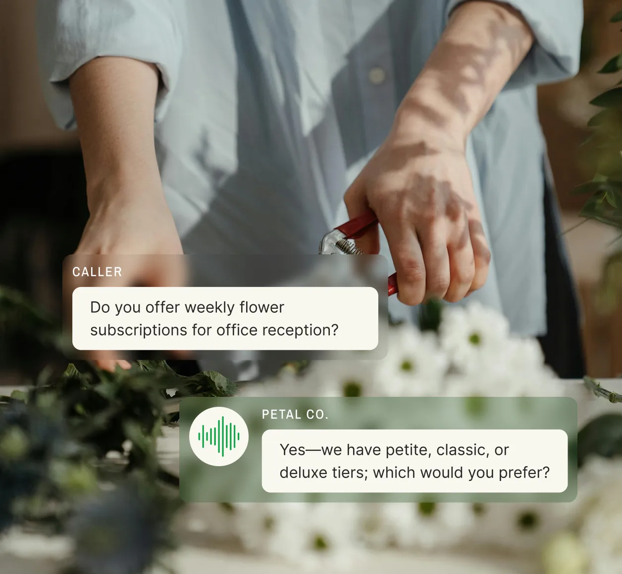 A florist answering service interface shows a close-up of a florist trimming stems with chat boxes displaying a caller asking about weekly office reception flower subscriptions and the service outlining petite, classic, or deluxe tiers.