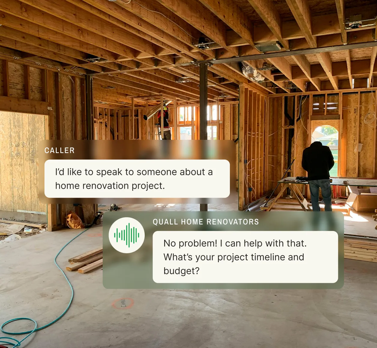 A phone prompt system replies to a renovation inquiry by asking about the project timeline and budget.