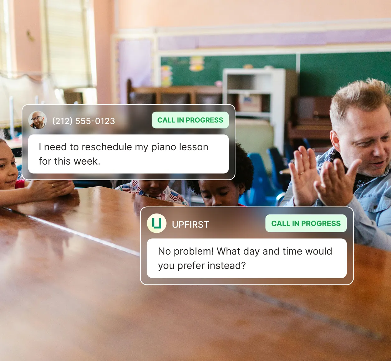 A classroom music lesson takes place while a music teacher answering service replies to a caller wanting to reschedule a piano lesson.