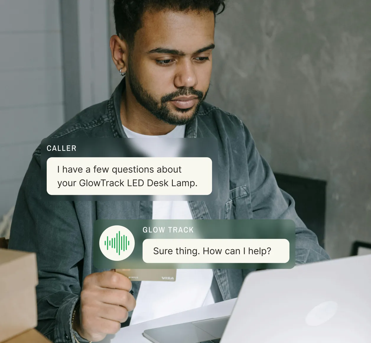 Customer discussing LED desk lamp specifications with phone answering service agent