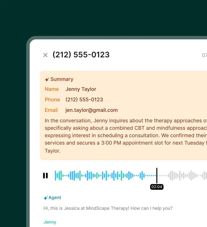 A detailed summary and transcript of a patient call is shown in the answering service for mental health professionals platform.