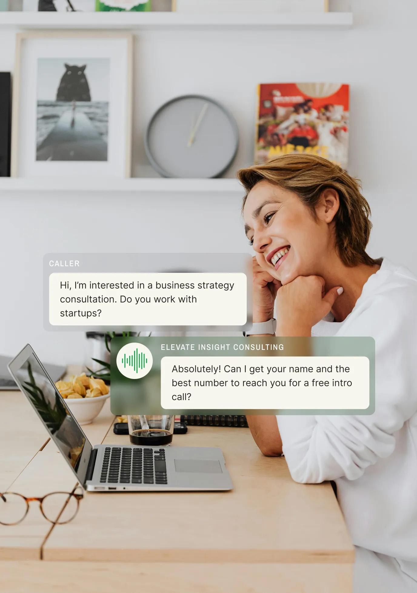 Business professional smiling at laptop while an answering service for consulting firms confirms a free intro call with a startup client.
