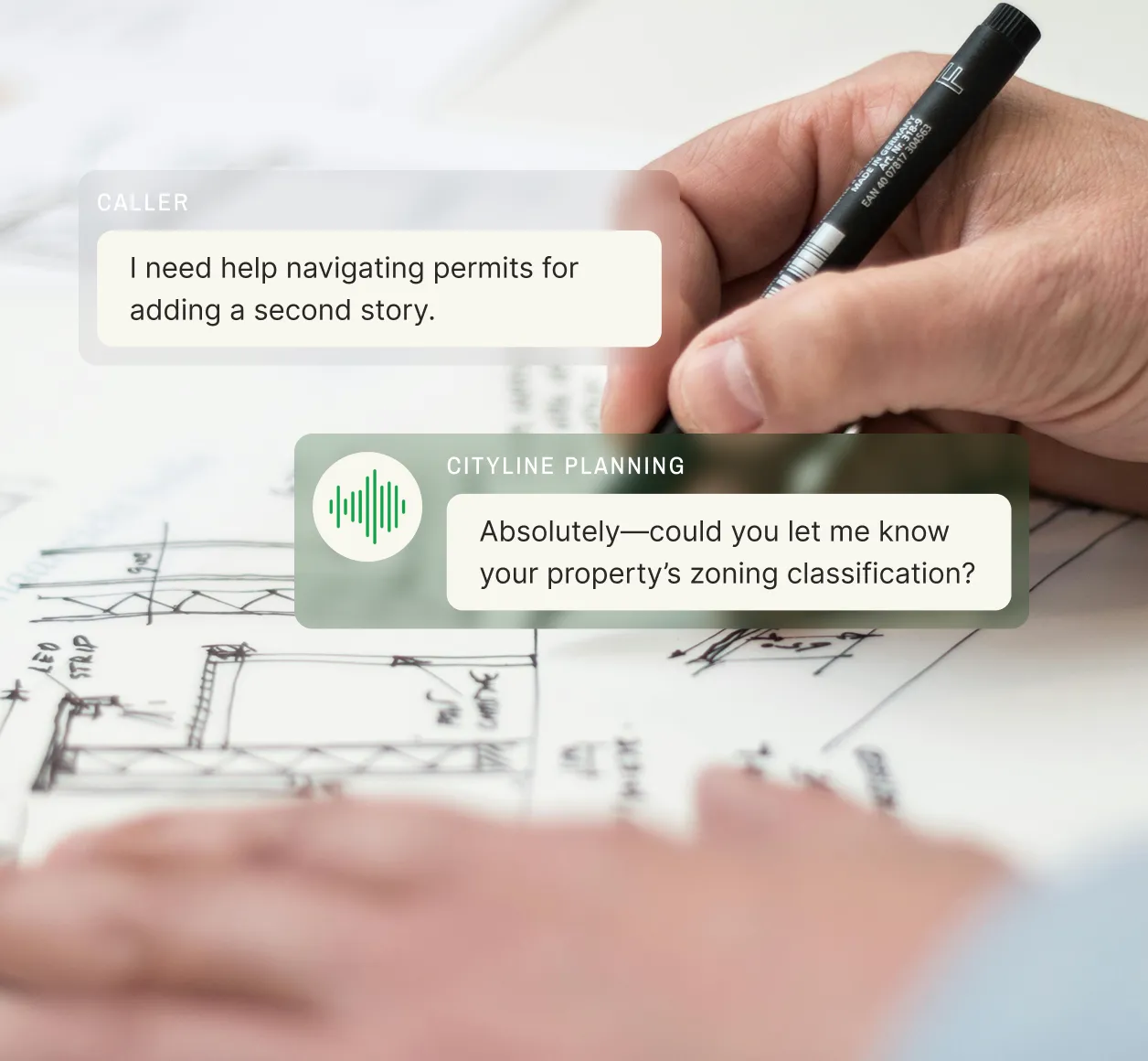 Close-up of architectural sketches with chat bubbles demonstrating an architect answering service assisting a caller with permit zoning questions.