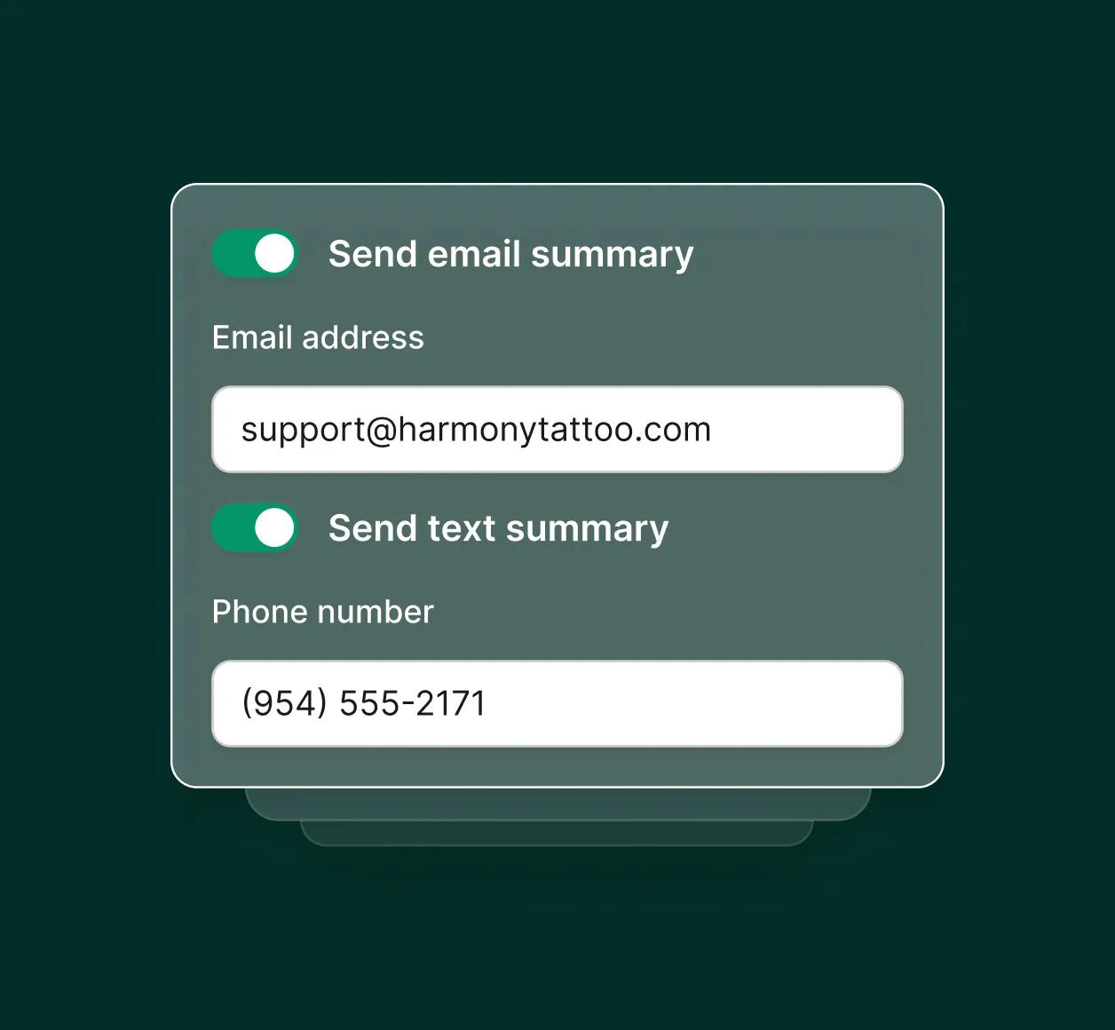 A settings panel lets a tattoo shop enable email and text summaries for calls handled by the tattoo answering service.