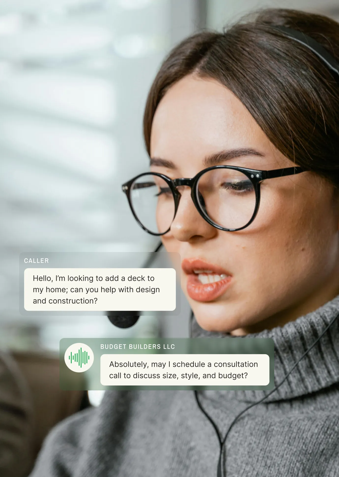 A customer service representative wearing a headset responds to an inquiry about home construction services in a small business call center.