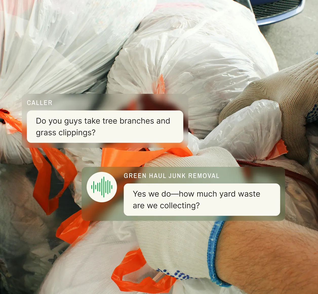 A caller asks if tree branches and grass clippings are accepted and the junk removal answering service asks how much yard waste to collect.