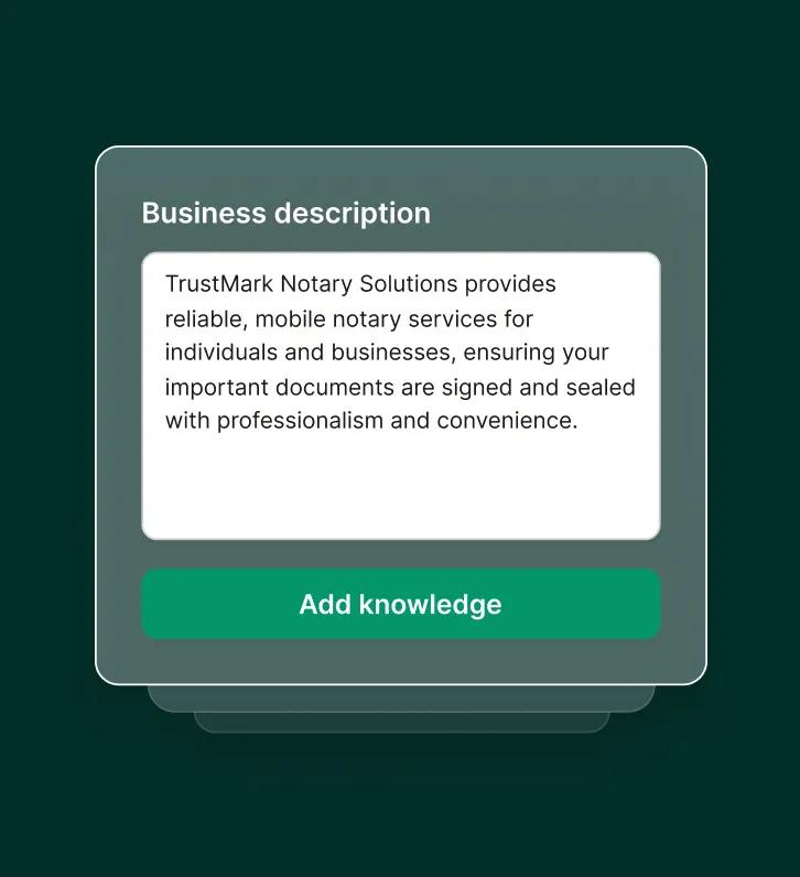 Interface shows adding a business description to a notary answering service knowledge base with an “Add knowledge” button.