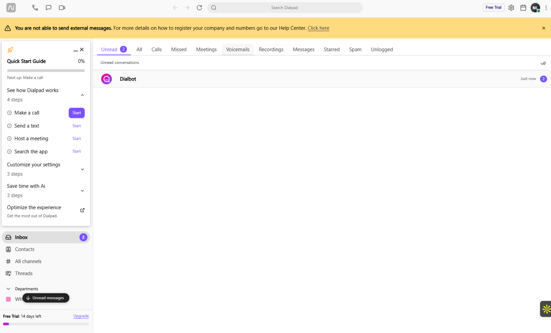 Dialpad interface showing call logs, missed calls, and voicemail transcriptions for phone call transcription.