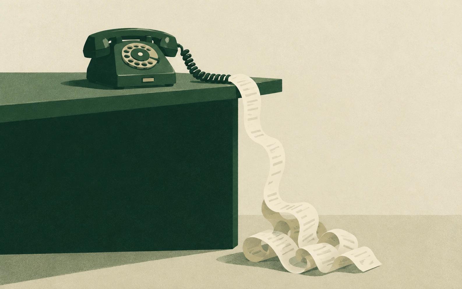 A vintage telephone whose cord turns into a long receipt, showing how virtual receptionist costs add up per call