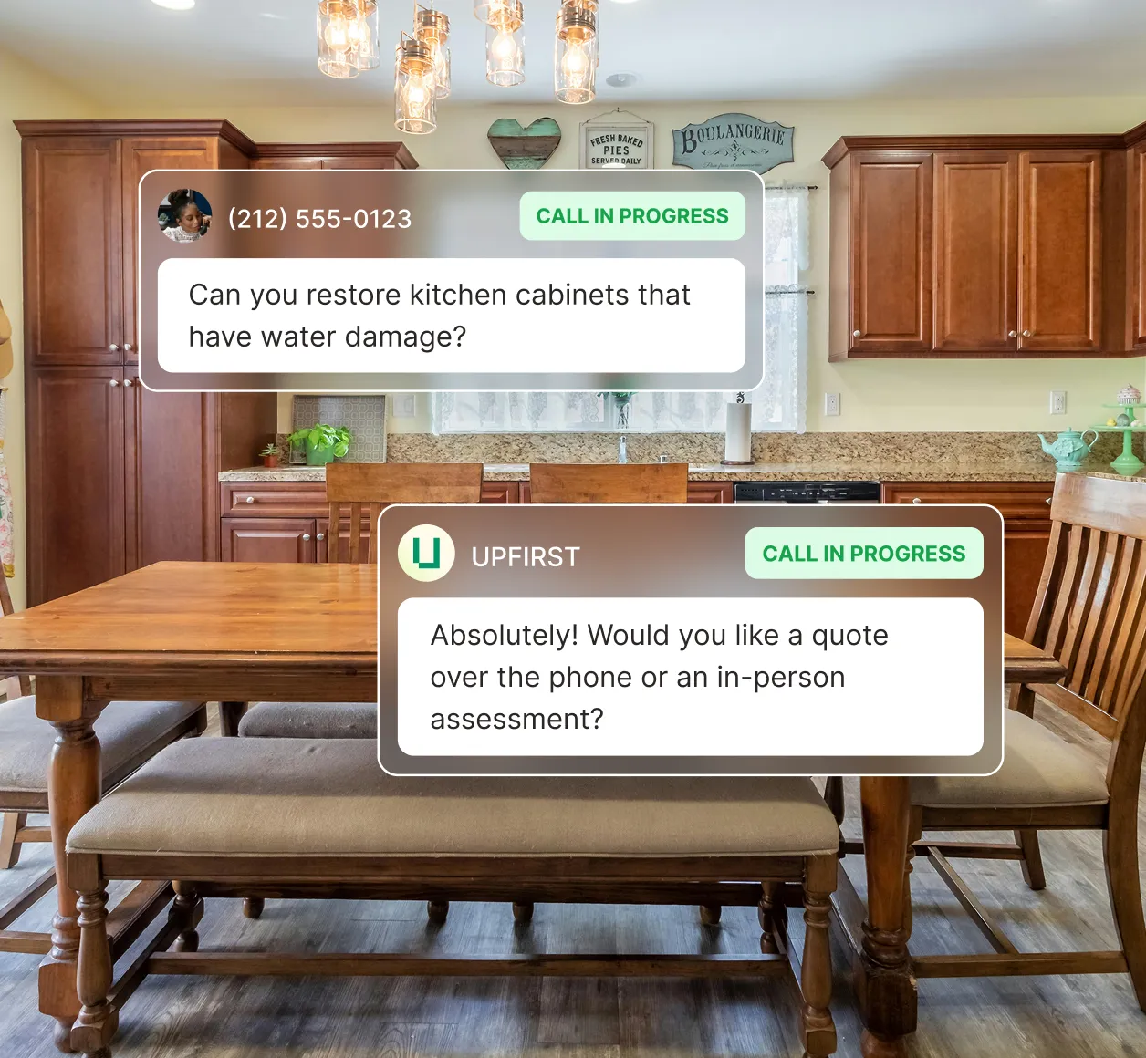 Refinishing answering service agent responding to a kitchen cabinet water damage restoration inquiry.