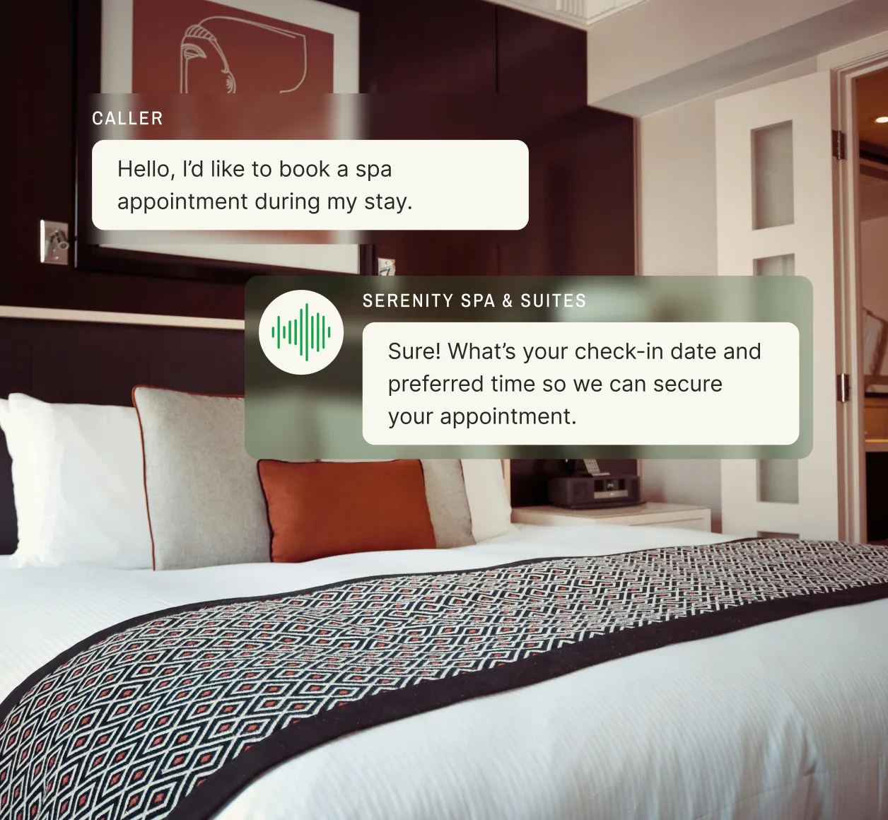 A luxurious hotel room with neatly arranged pillows, displaying a text conversation where a caller requests a spa appointment, and the hotel answering service asks for a check-in date and preferred time.