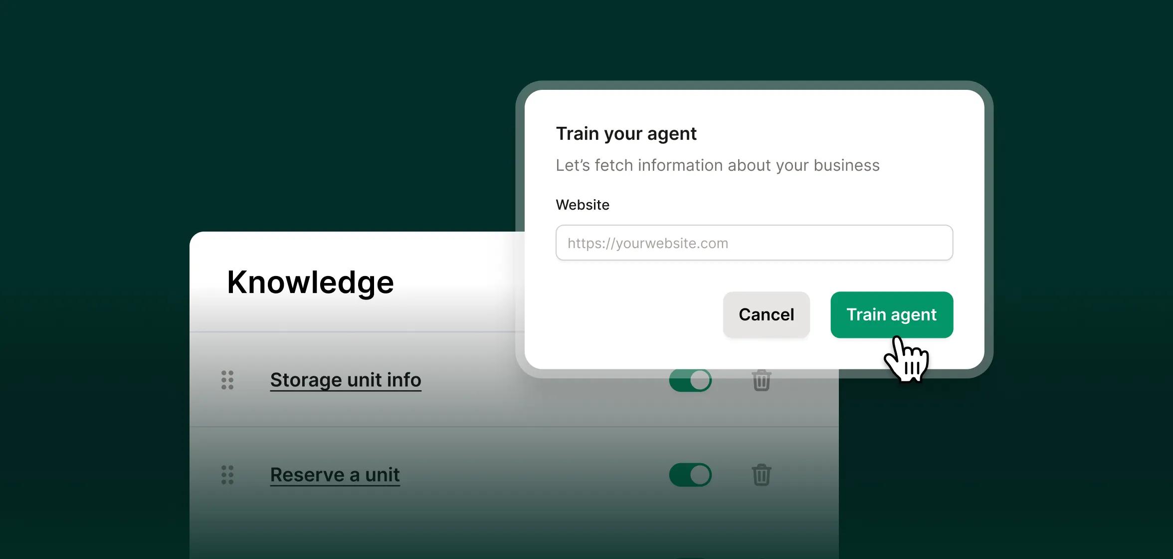 A self storage call center interface shows how to train an agent by entering a business website.