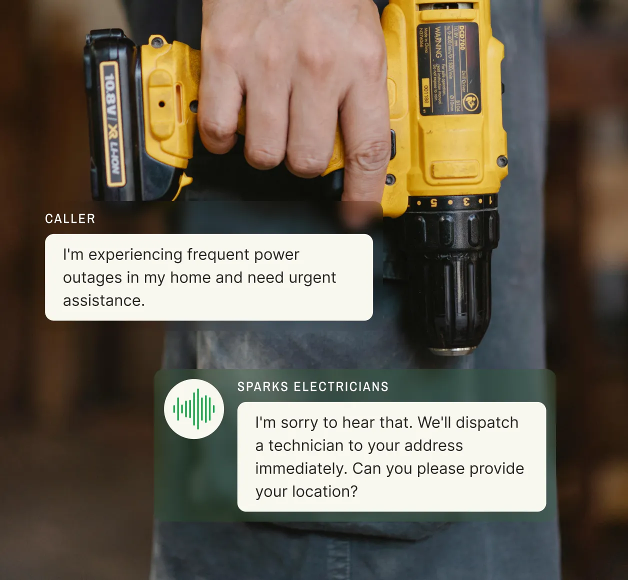 A technician holding a drill responds to a customer, demonstrating how a voicemail service for small businesses manages urgent inquiries.