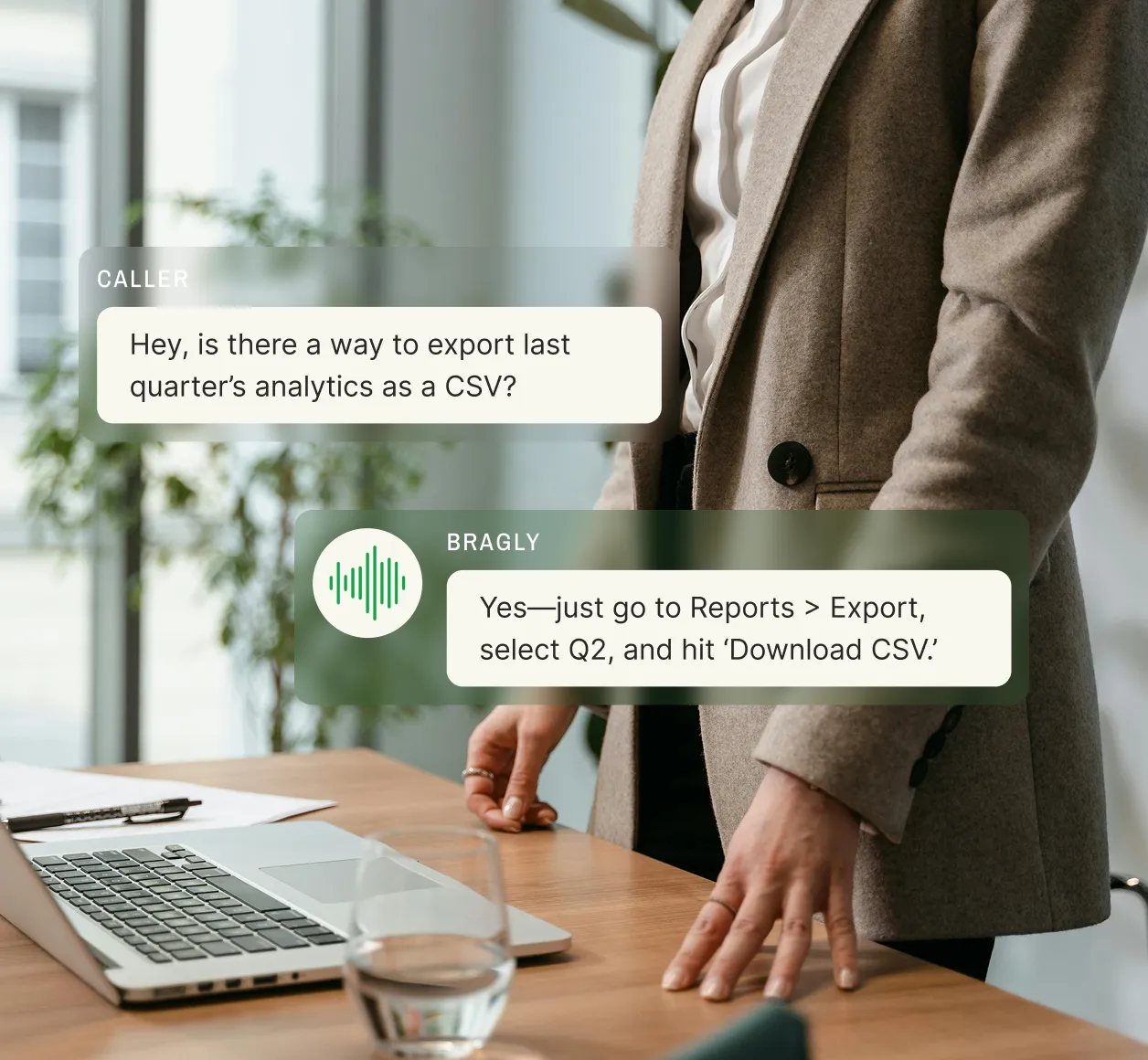 A caller asks how to export last quarter’s analytics as a CSV while a virtual receptionist explains the Reports > Export process, showcasing an answering service for SaaS companies.