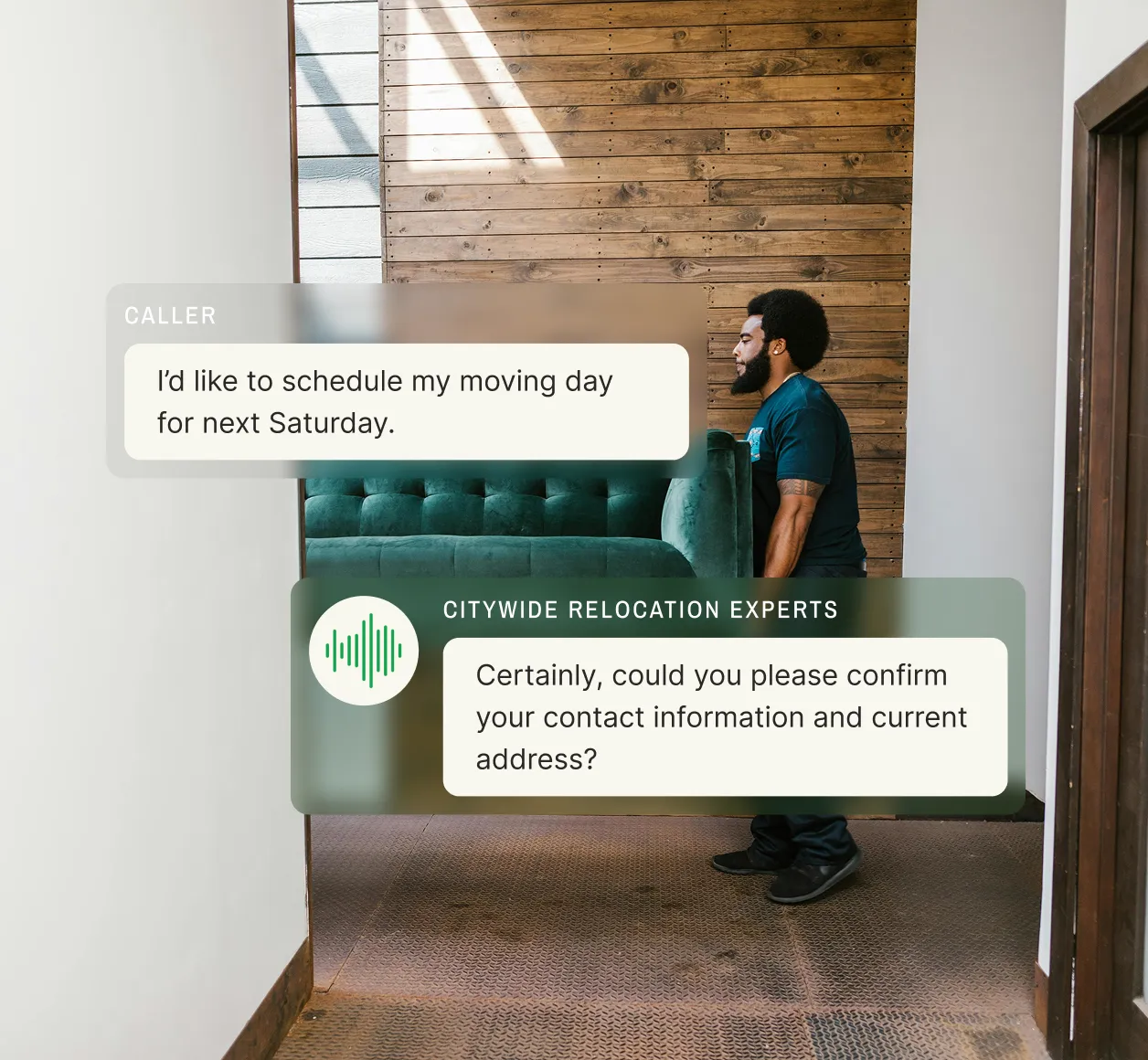 A moving company answering service confirms a customer's moving date request and asks for contact details.