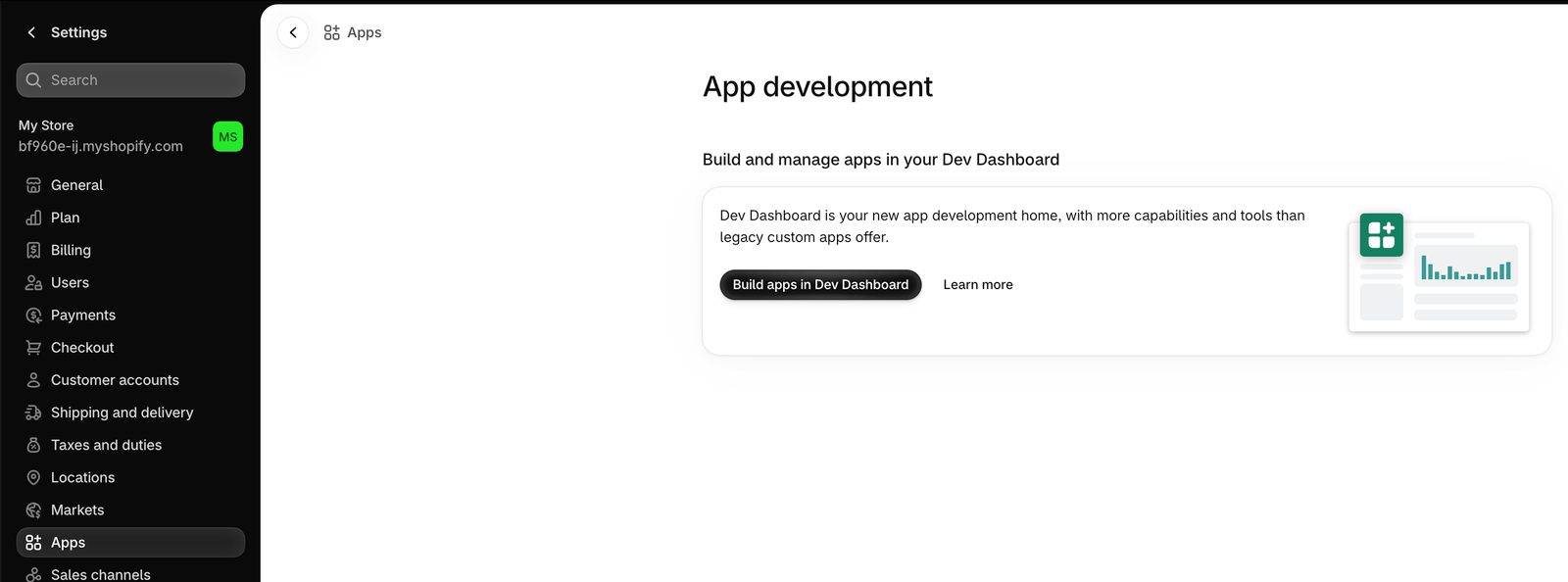 Shopify Settings, Apps page with the Build apps in Dev Dashboard button
