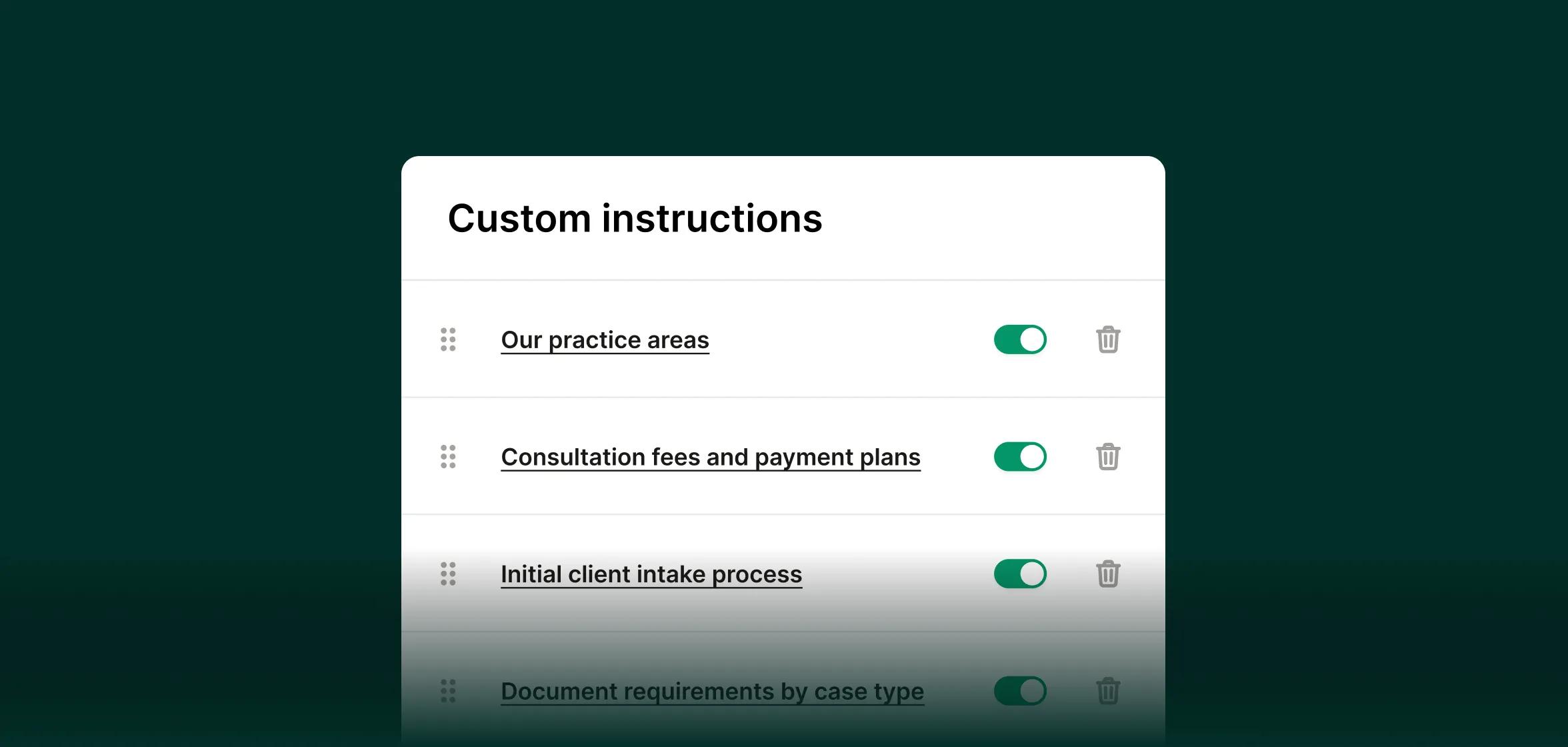 Screenshot of Upfirst's auto attendant UI showing the ability to add custom knowledge and instructions