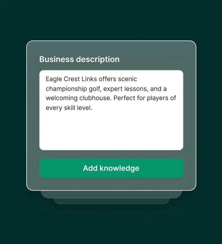 A dashboard screen shows a business description being added for a golf course answering service.