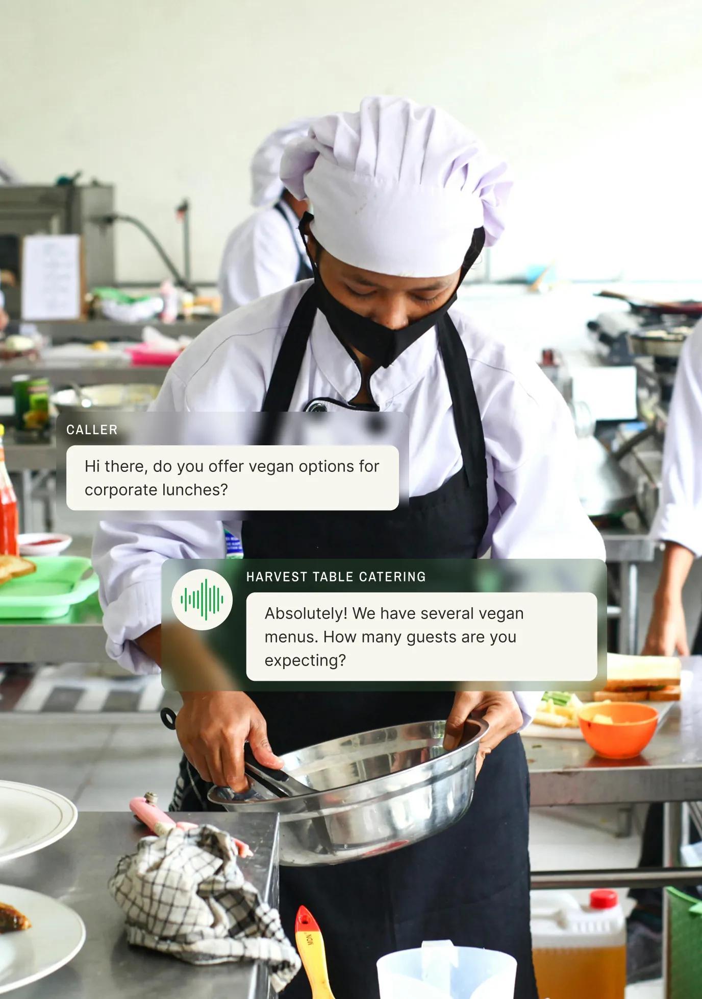 Chef in a busy kitchen reads a text bubble asking about vegan corporate lunches while an answering service for catering companies responds with menu options.