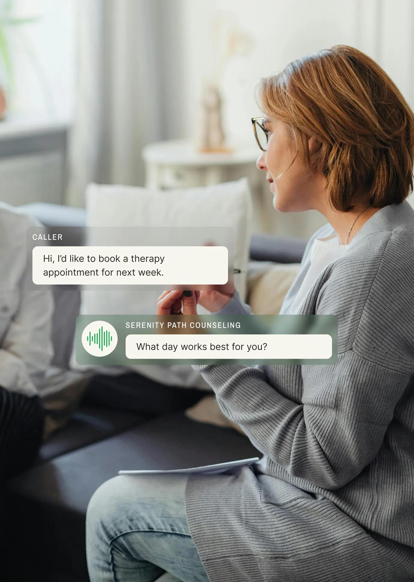 A caller requests to book therapy, and the answering service for mental health practices asks which day works best.