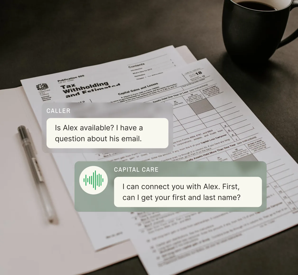 Financial answering service handling client inquiry about tax documents, with IRS form and coffee cup on desk